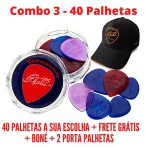Combo 3 - 40 Palhetas a sua escolha + Boné + 2 Porta‑Palhetas + Frete Grátis (20% de desconto) *As cores das palhetas podem variar de acordo com a disponibilidade em estoque.