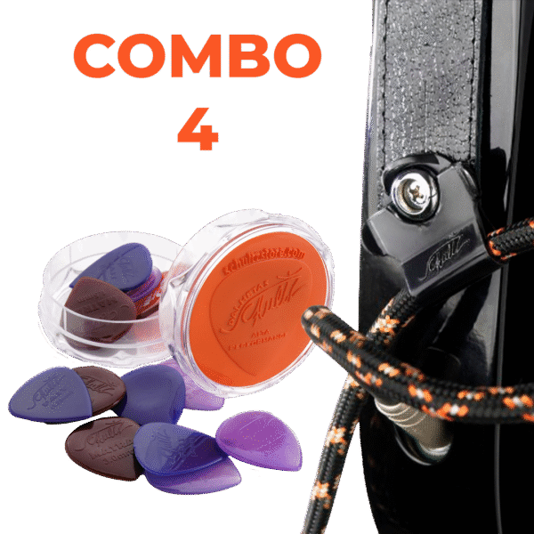 Combo 4 - 20 Palhetas a sua escolha + Par de Travas + Porta‑Palhetas + Frete Grátis